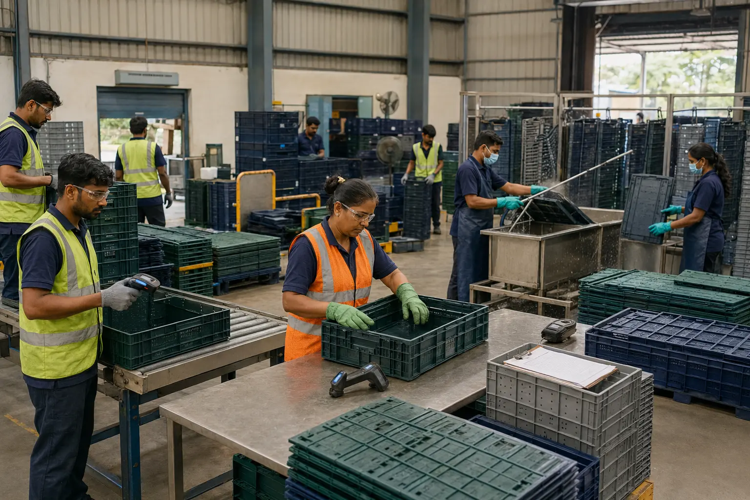 Reusable packaging moving through a reverse logistics loop